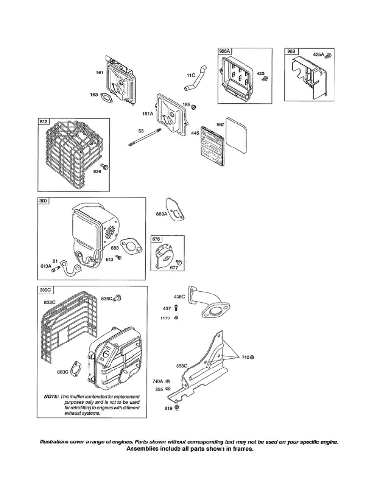 Muffler Diagram and Parts List for 204412-0163-01  Briggs and Stratton Engine